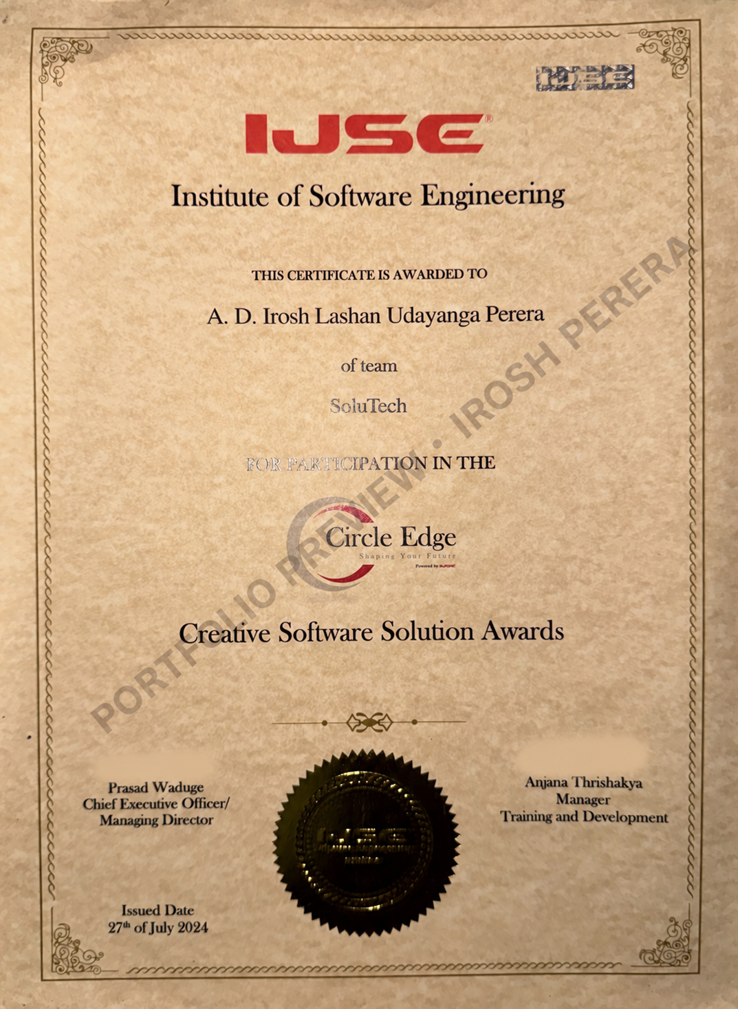 Privacy-protected preview of the Circle Edge Creative Software Solution Awards certificate awarded to Irosh Perera as a member of team SoluTech