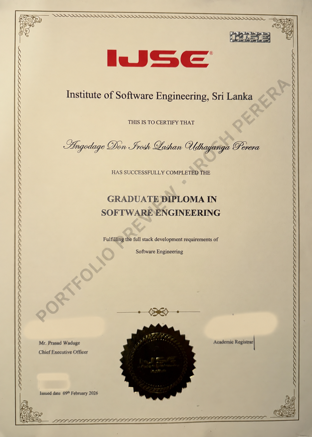 Privacy-protected preview of the Graduate Diploma in Software Engineering certificate issued by IJSE to Irosh Perera