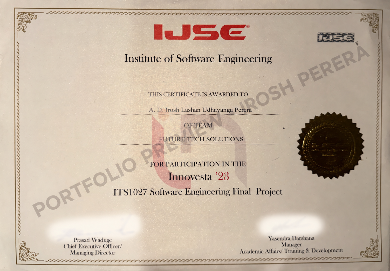 Privacy-protected preview of the Innovesta 2023 certificate awarded to Irosh Perera as a member of team Future Tech Solutions