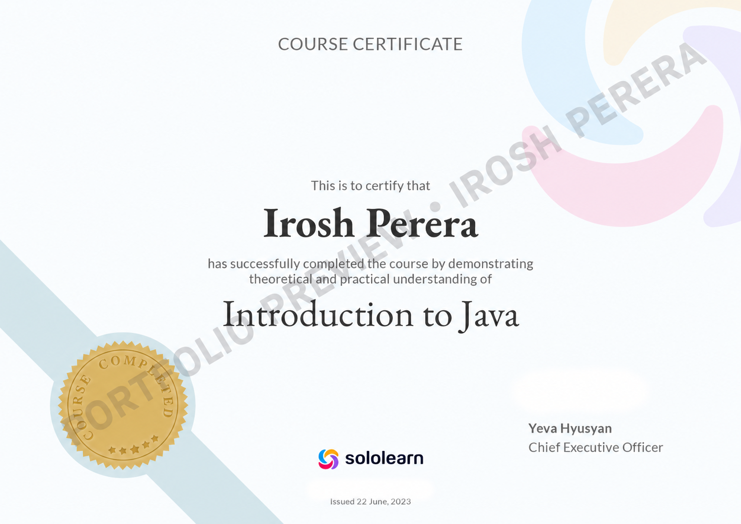 Privacy-protected preview of the SoloLearn Introduction to Java course certificate issued to Irosh Perera