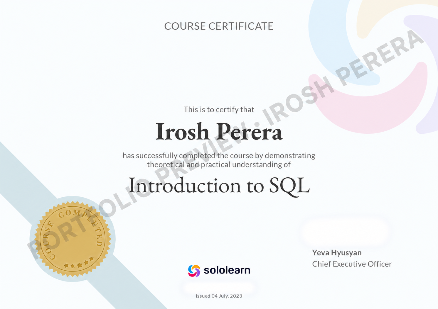 Privacy-protected preview of the SoloLearn Introduction to SQL course certificate issued to Irosh Perera